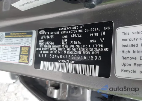 2015 Kia Optima Sx Turbo из США, поврежденный, VIN 5XXGR4A69FG469898